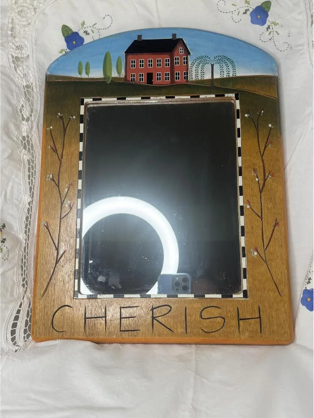 Hand Painted Folk Art Cottage Core Wooden Wall Mirror with 'Cherish' Design